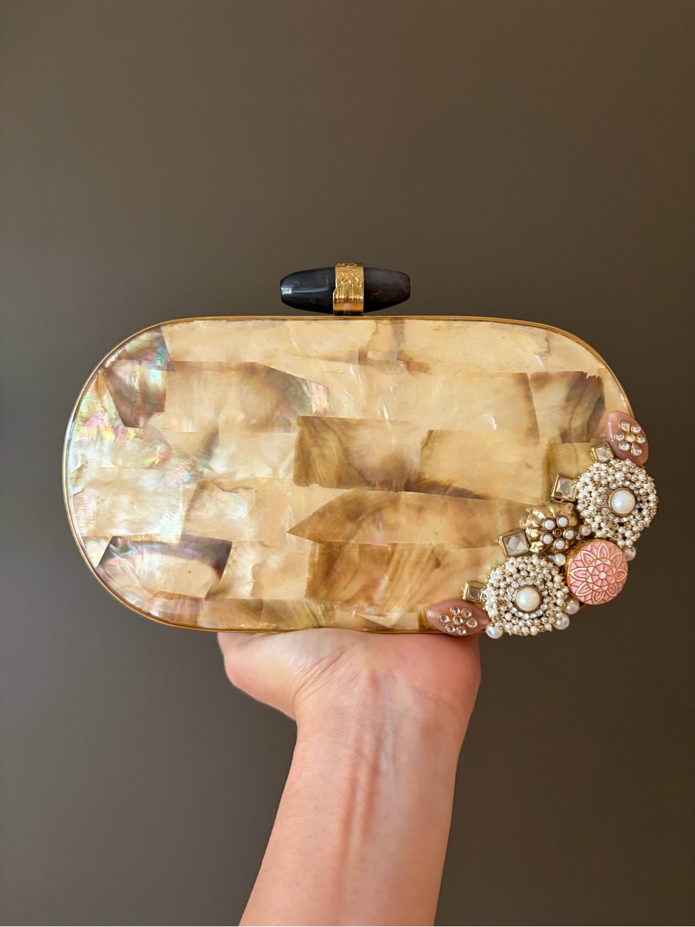 Pearlescent Beige Decorative Clutch with Pearl & Crystal Accents